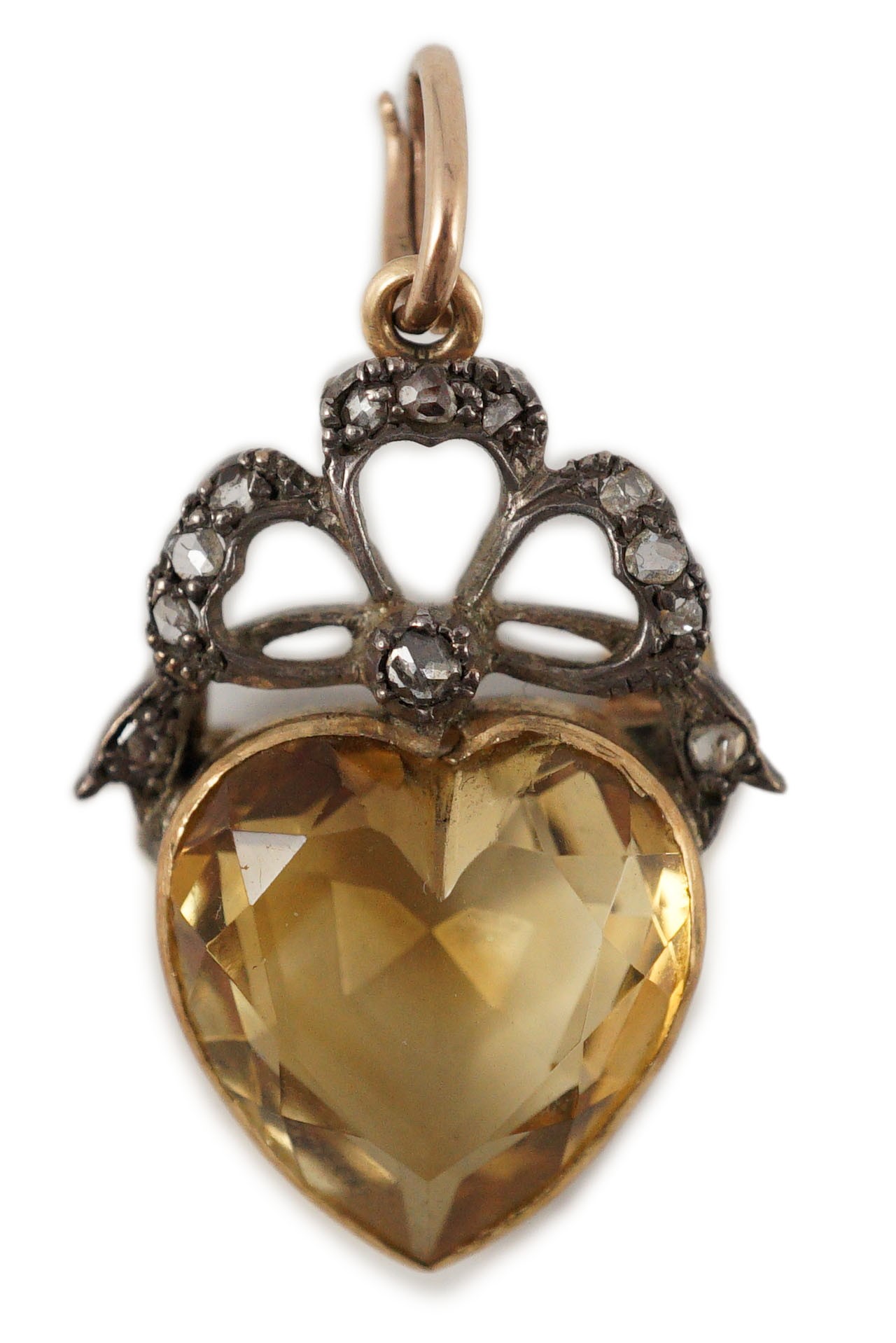 A Victorian gold and silver, rose cut diamond and heart shaped citrine set pendant